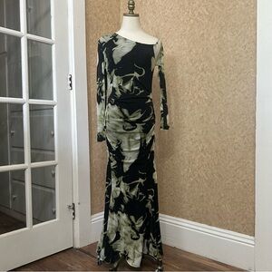 One Shoulder Mesh Layer Ruched Black & Green Marble Floor Length Maxi Dress